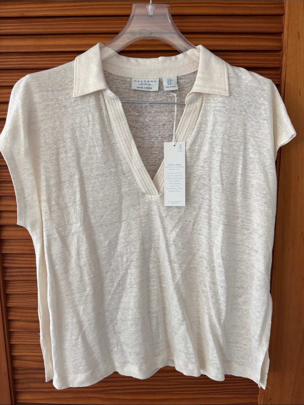 CALYPSO ST BARTH Linen Polo V-Neck Top in Cream